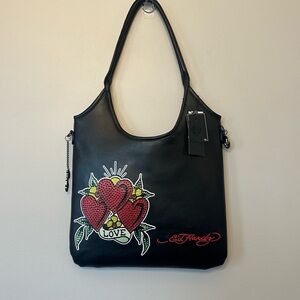 Ed Hardy Black Tote Bag with Red Heart Design
